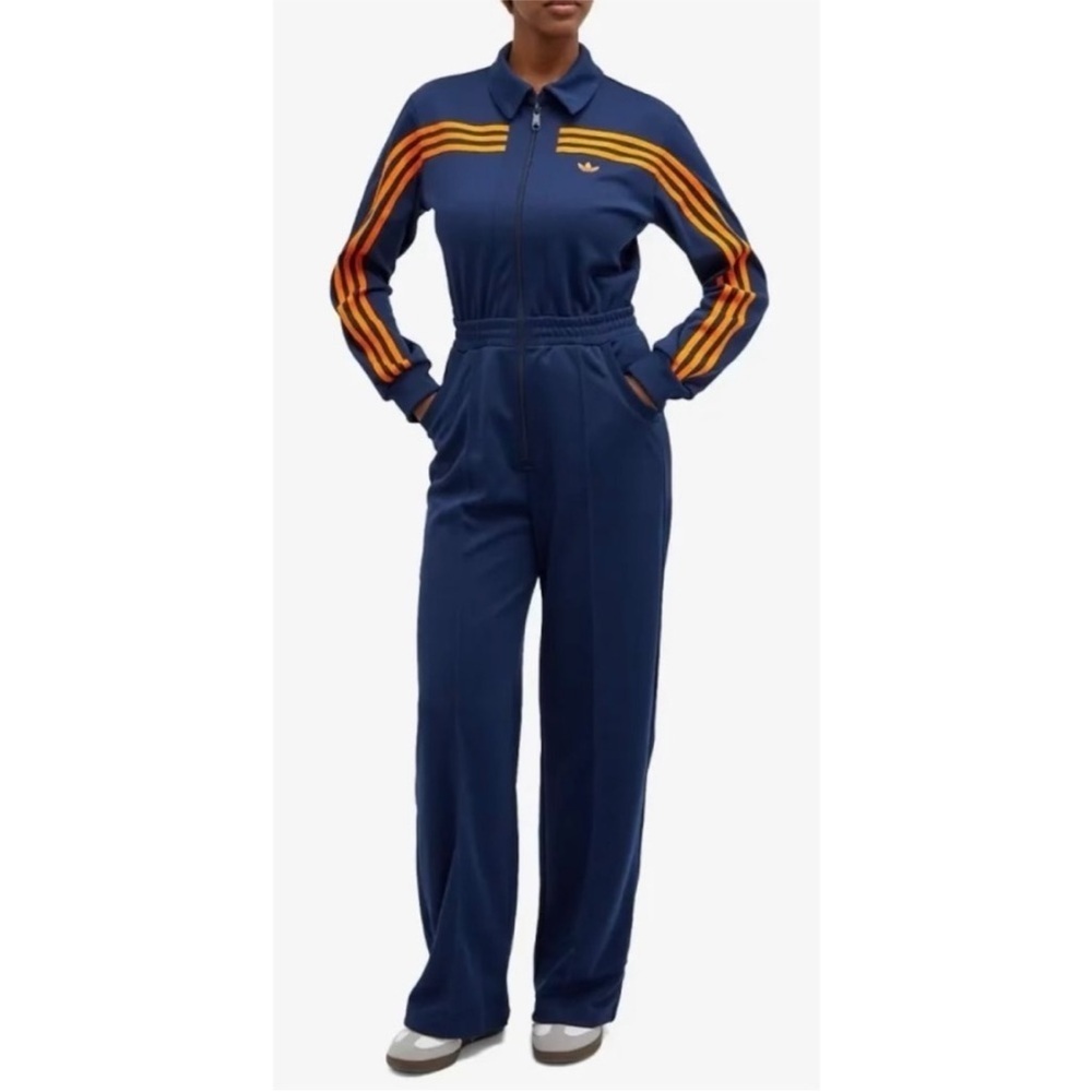 Adidas Originals RETRO Navy Blue Orange Striped Midweight Long Sleeve Jumpsuit